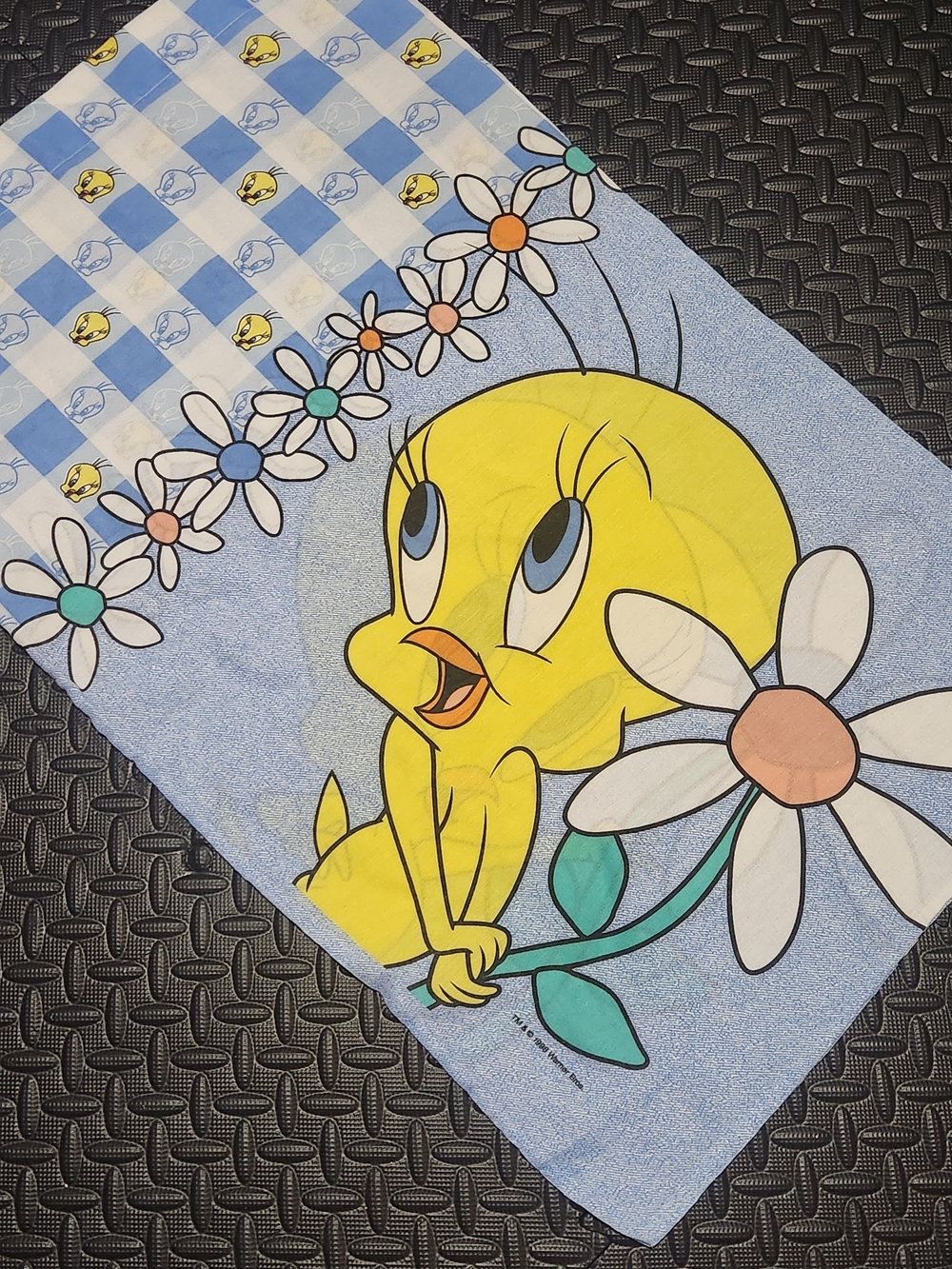 Vintage 90s Tweety Bird Pillowcase Reversible Looney Tunes Pastel Floral